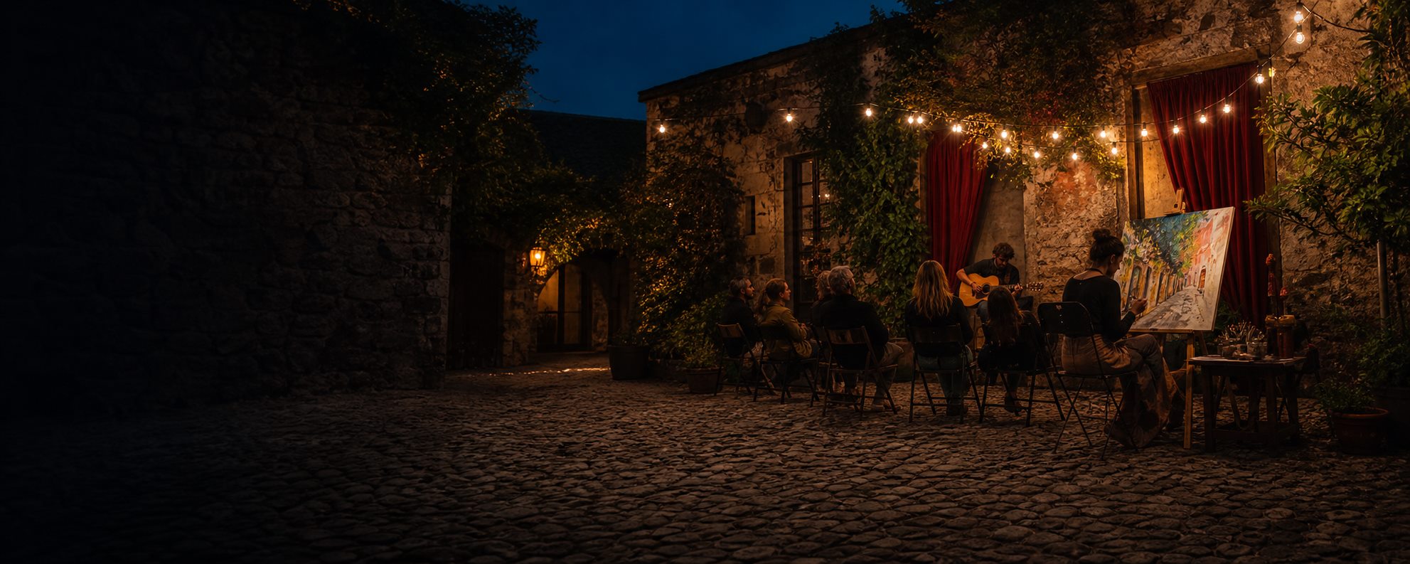 Encuentro cultural con música y pintura en un patio histórico de Colonia