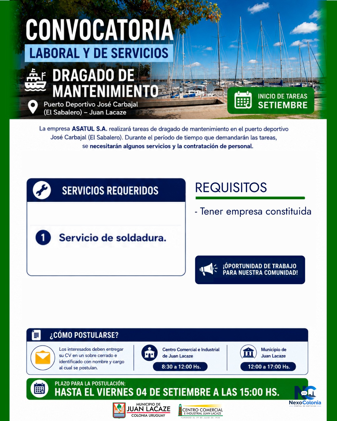 Convocatoria laboral y de servicios por tareas de dragado en el Puerto Deportivo de Juan Lacaze — fotografía 1 de 3